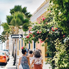 a man and a woman walking down a sidewalk next to a tree