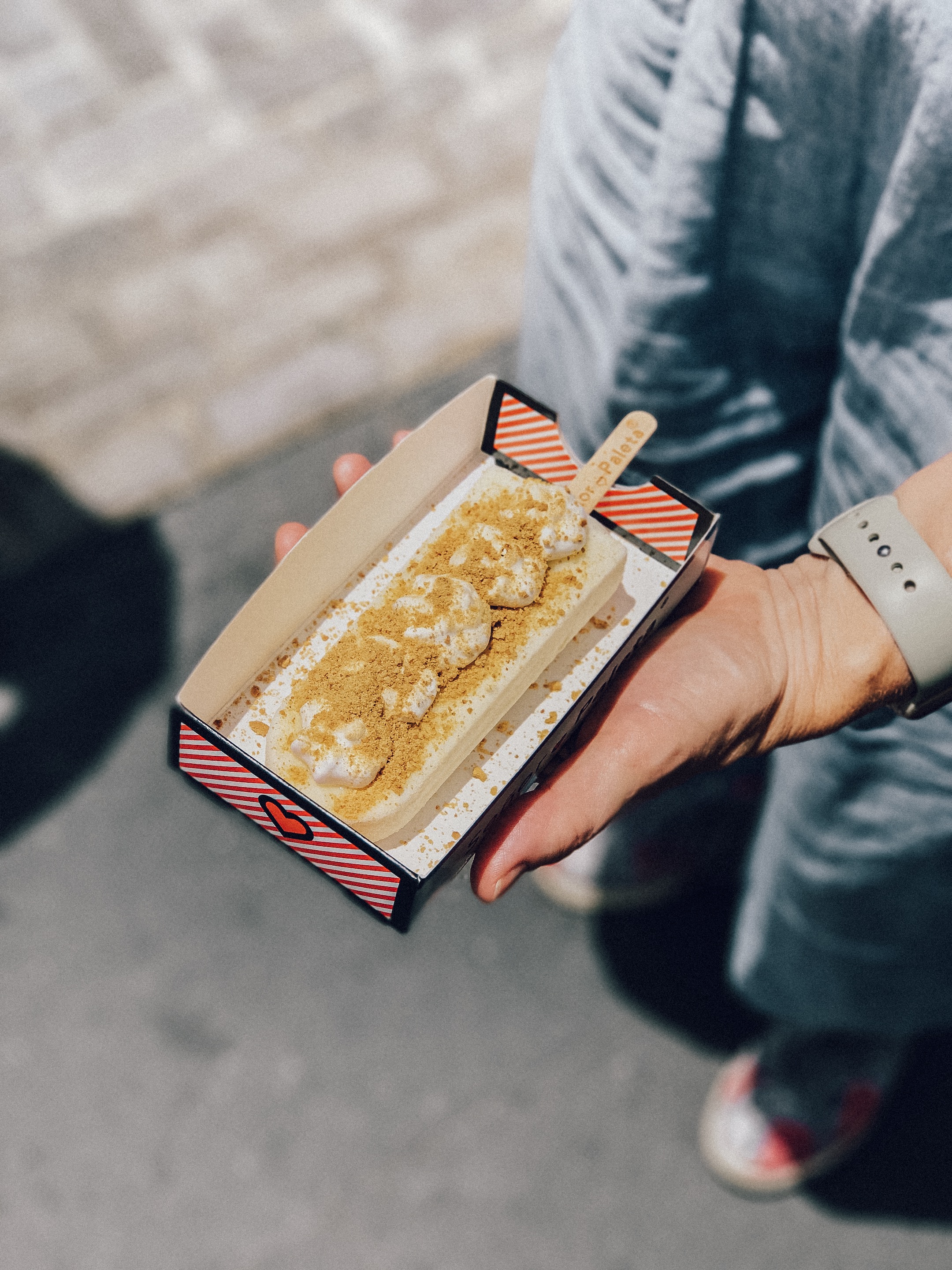 Hand holding a rectangular box with ice cream topped with crumbs on a stick.
