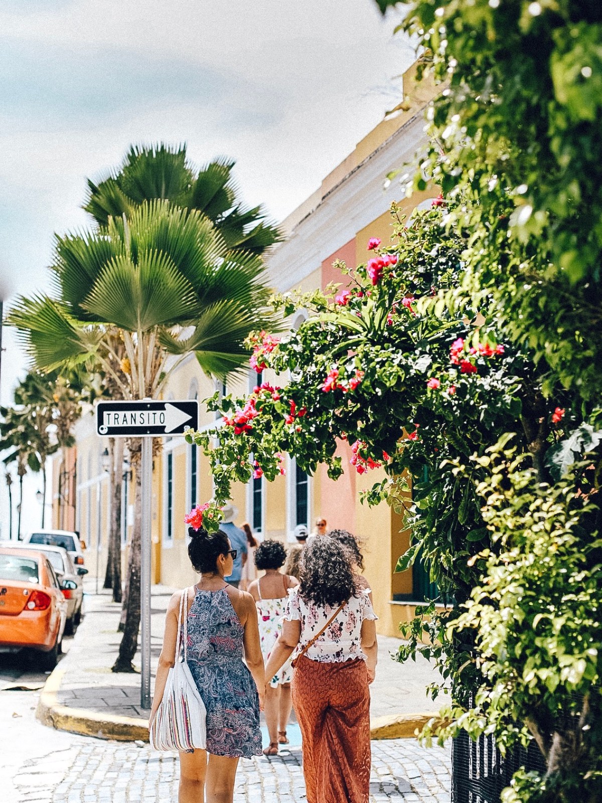 People walking on a cobblestone street lined with colorful buildings and greenery.