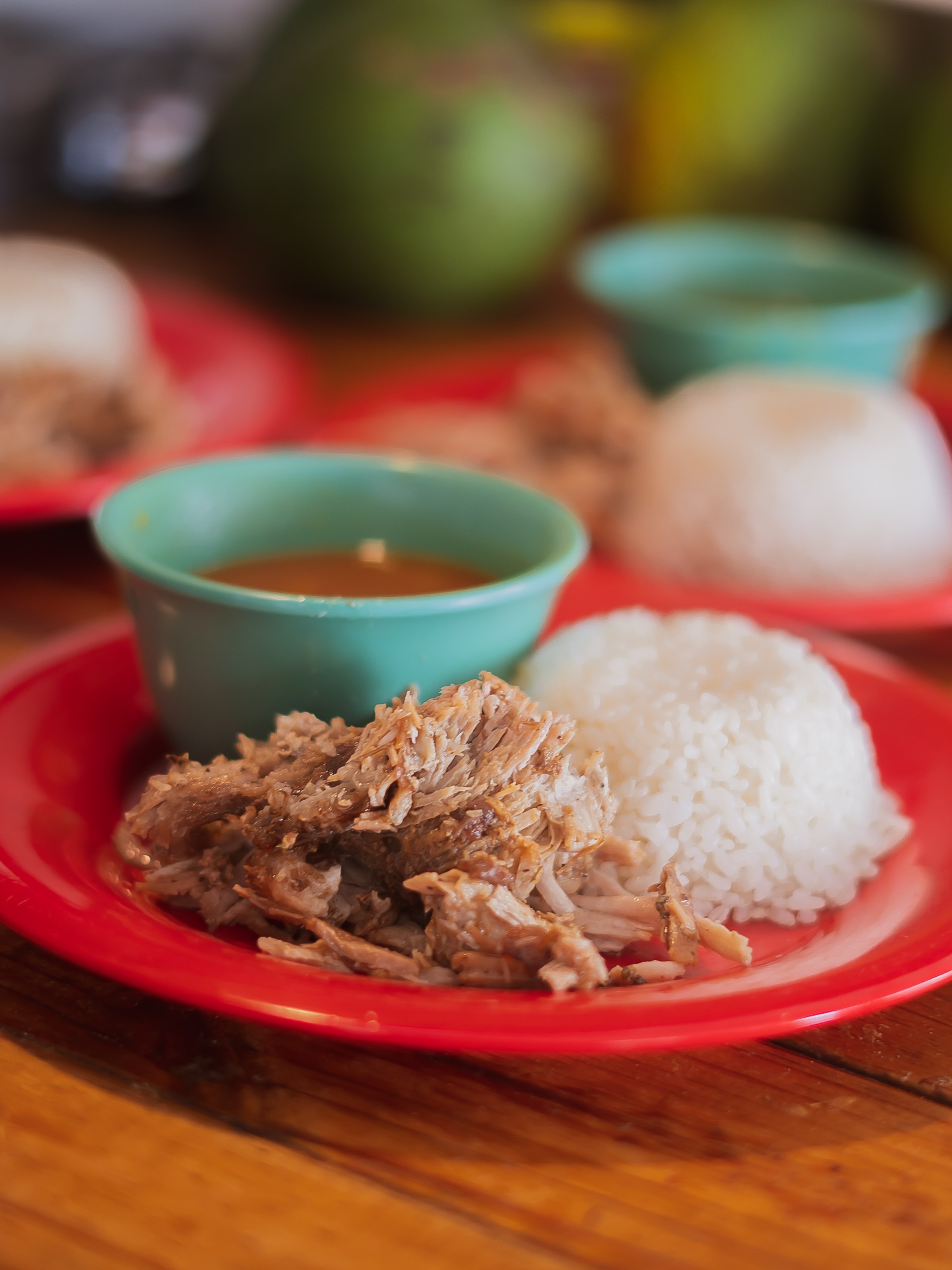Red plate with shredded pork, rice, and a cup of sauce on a wooden table.